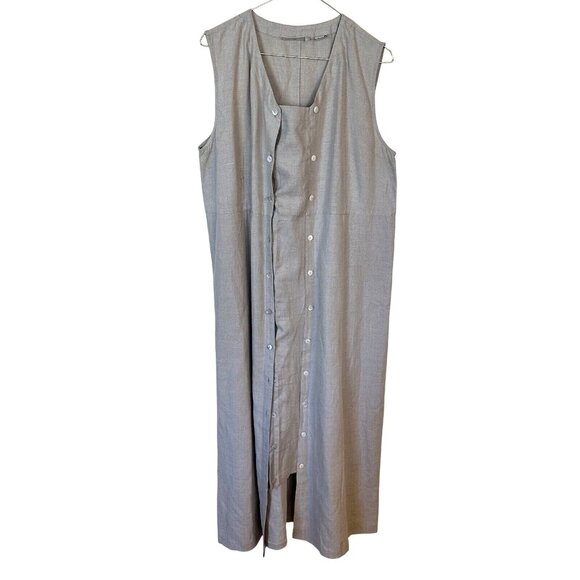 Vtg Valarie Stevens Beige Maxi Dress Linen Button Up Womens 12 Shift Lagenlook - Picture 1 of 8